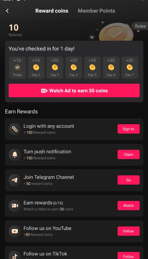 DramaBox reward coins page showing a seven day check-in calendar rising from 10 coins to 50 coins on day seven, with task bonuses below