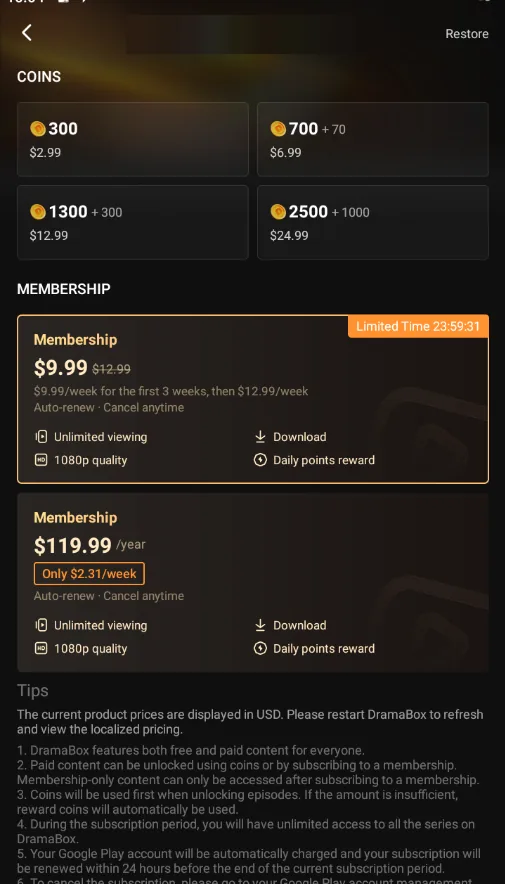 An in-app coin purchase screen showing a small coin pack and larger bundles with dollar prices