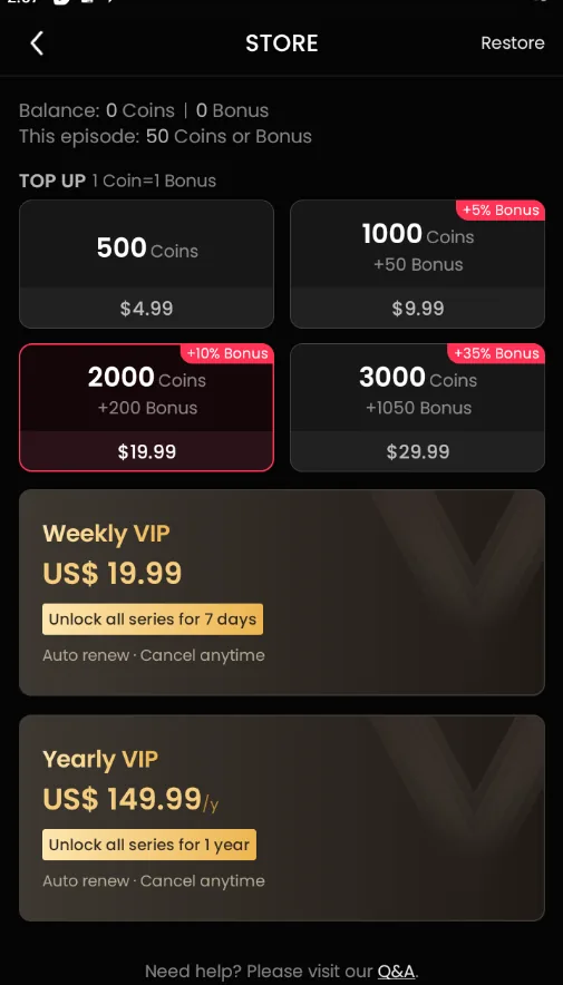 GoodShort store plans screen showing Weekly VIP at 19.99 dollars and Yearly VIP at 149.99 dollars alongside coin packs