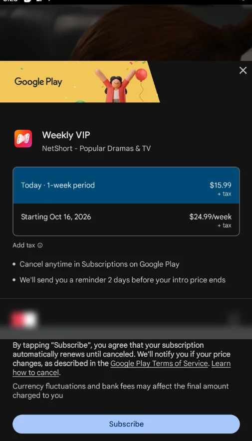 A Google Play subscription confirmation screen showing a discounted first week at 15.99 dollars and the renewal rate of 24.99 dollars per week from a later date