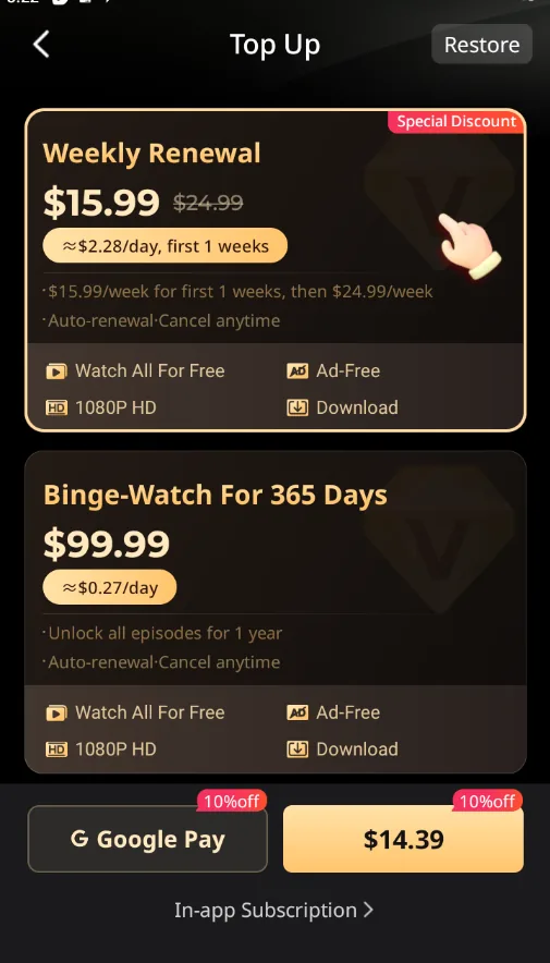 A subscription page showing a weekly renewal price with a promotional Google Pay button price