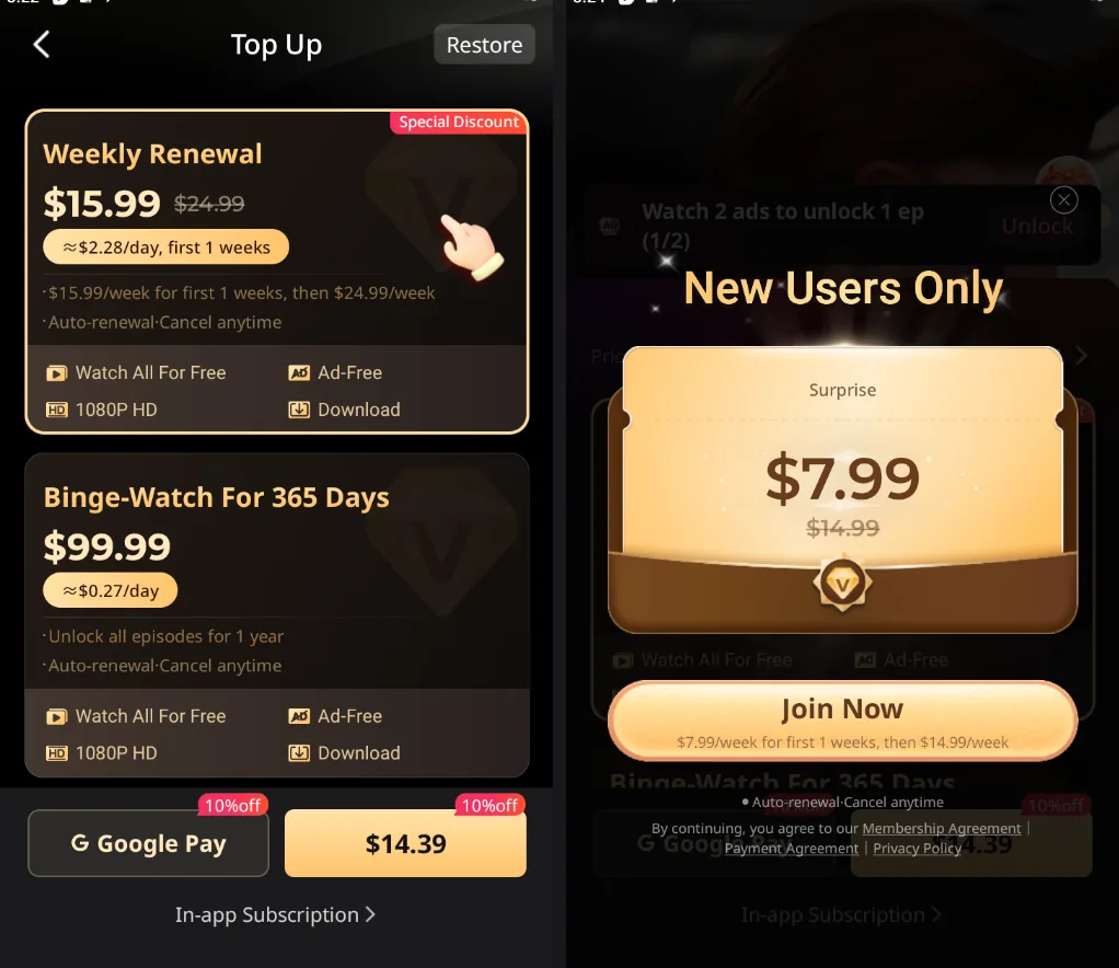 Two screens from the same short drama app on the same day showing a weekly subscription at 15.99 dollars and a new user offer at 7.99 dollars