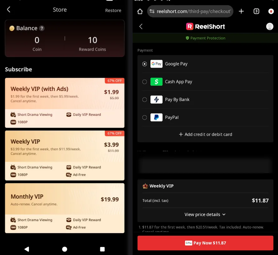 Two checkout screens for the same weekly plan showing a discounted price in the Play store and a higher price on the app website