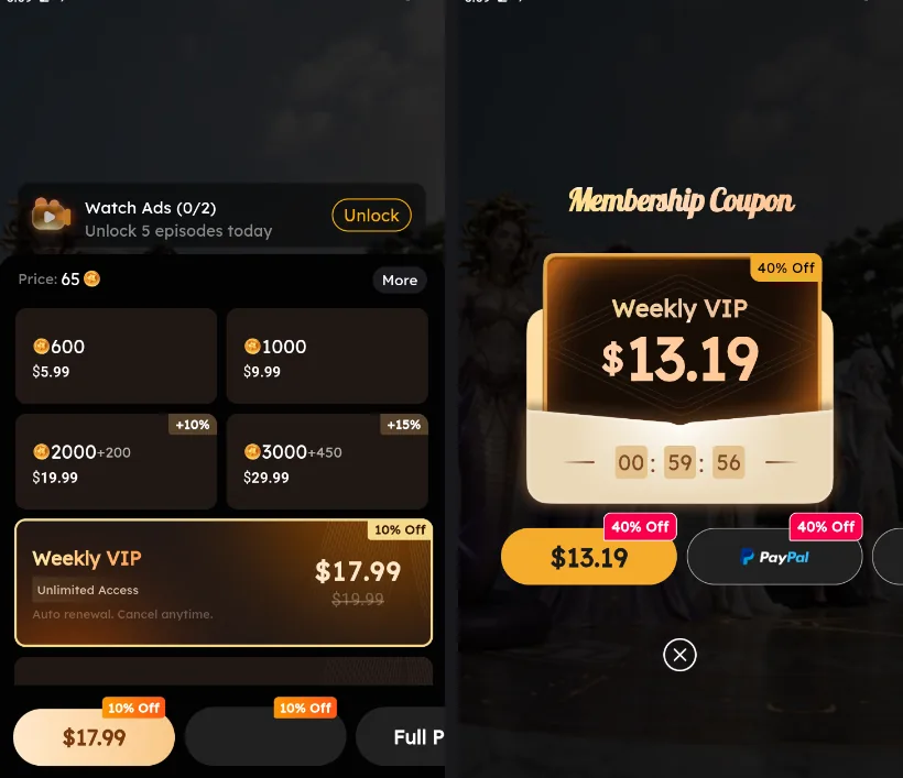 Two screens from the same app showing a weekly VIP pass at 17.99 dollars and a membership coupon at 13.19 dollars