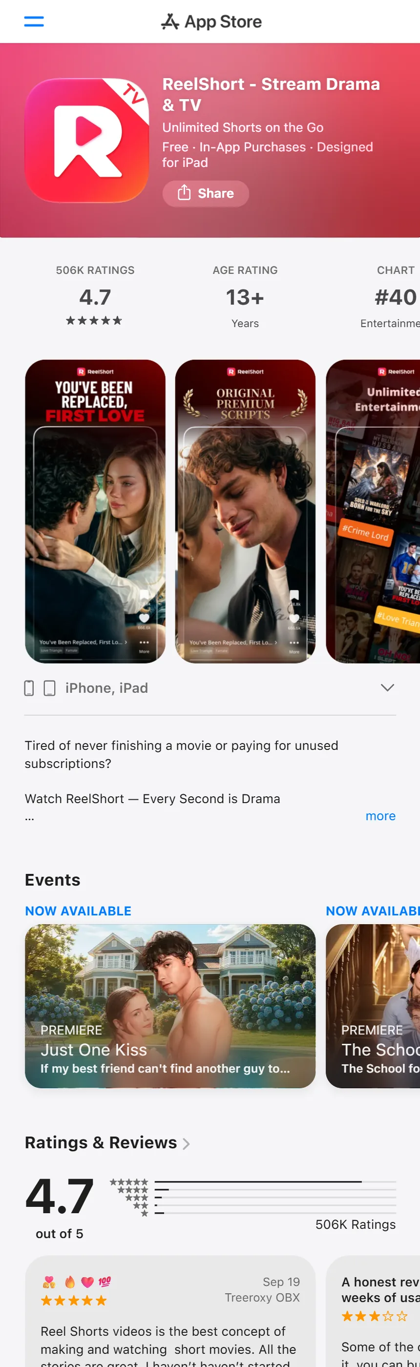 ReelShort App Store listing showing a 4.7 star rating from 506 thousand ratings, developer name New Leaf Publishing, entertainment category ranking