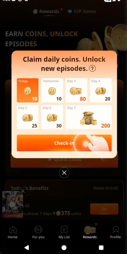 A seven day daily check-in reward calendar showing coin amounts for each day with day seven awarding the most