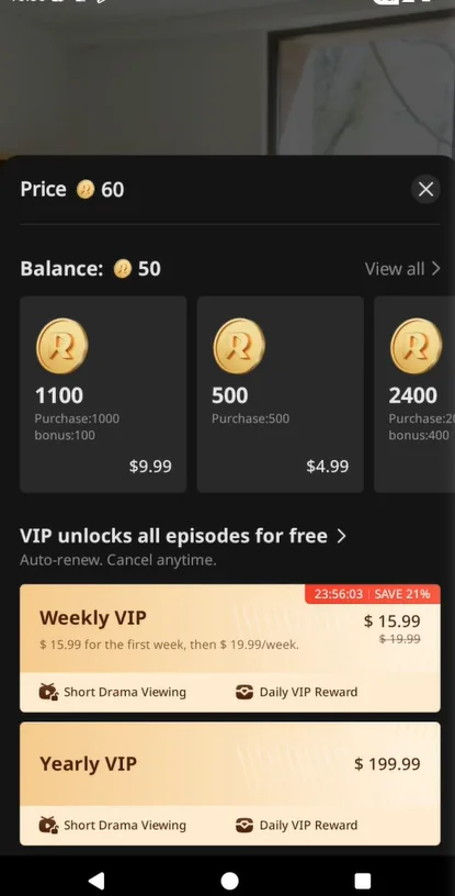 ReelShort unlock popup listing coin packs from 4.99 dollars for 500 coins up to 49.99 dollars for 7500 coins, with the episode priced at 60 coins