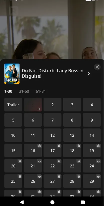 ReelShort episode list for an 81-episode series showing free episodes, an advert-tagged episode at 15, and locked episodes from 16 onwards