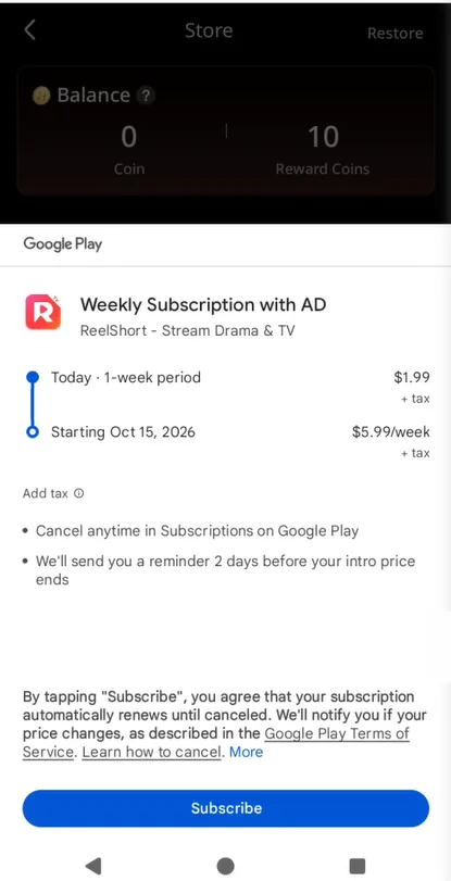 Google Play subscription confirmation screen for ReelShort showing the first week price, the renewal price and the renewal date