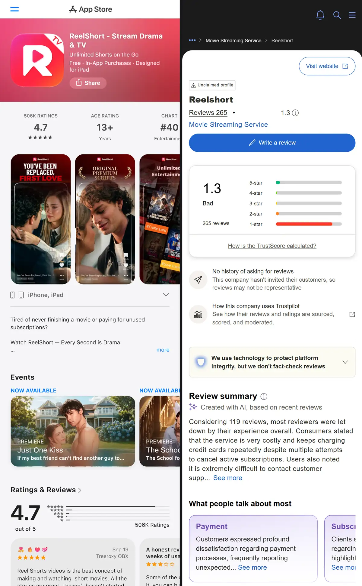 Side by side comparison of an app store product page with a high rating and a Trustpilot page showing a bad rating