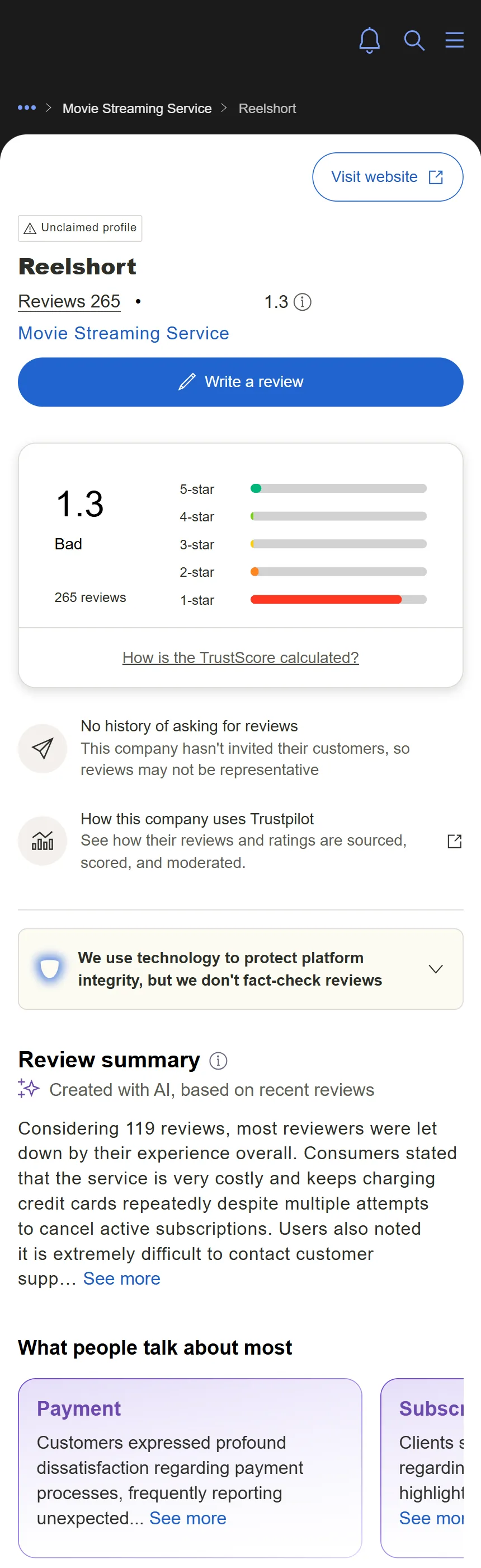Trustpilot page for ReelShort showing a 1.3 out of 5 rating marked Bad, from 265 reviews, with an unclaimed business profile