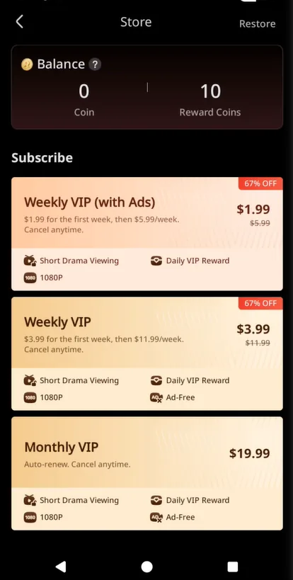 ReelShort subscription screen showing weekly VIP tiers with a discounted introductory rate and a 24 hour countdown