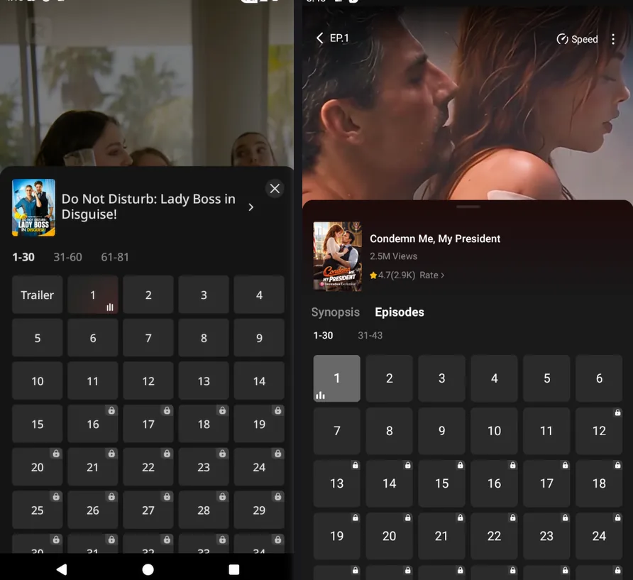 The DramaBox home feed showing rows of vertical-format short drama posters with episode counts