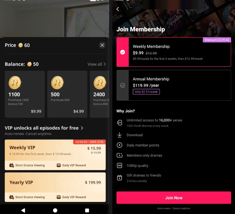 ReelShort and DramaBox pricing screens side by side showing coin packs and membership tiers for both apps