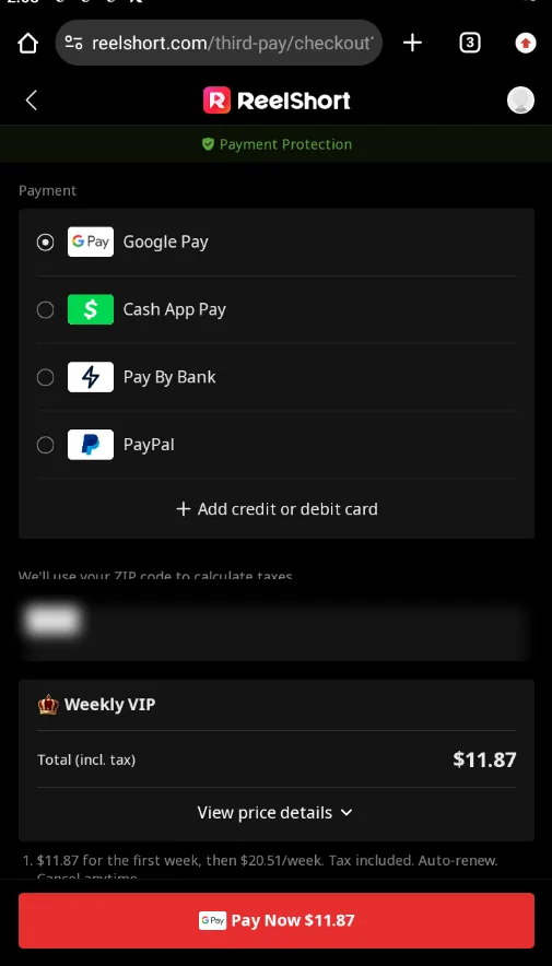 ReelShort web checkout page showing a weekly VIP total with tax, alongside the web payment methods it accepts
