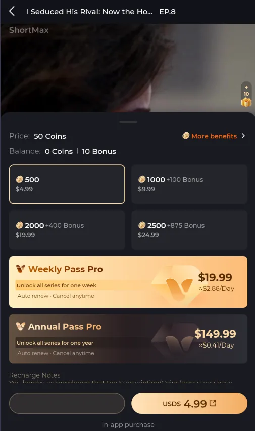 An in-app coin purchase screen showing a coin pack priced at 4.99 dollars among larger bundles