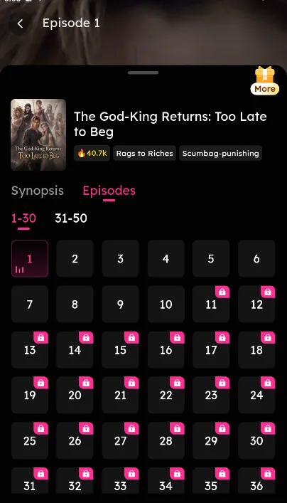 An episode list showing ten episodes with open lock icons followed by episode 11 marked with a price of 65 coins